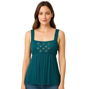 Yag Blouse Blue Top Sleeveless Square Neck Pleated Beaded Boho Chic Summer M